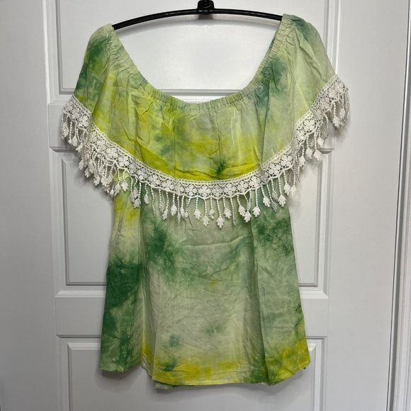 Entro Women's 100% Rayon‎ Green, Yellow Tie Dye Off Shoulder Lace Trim Top L NEW - Picture 8 of 9